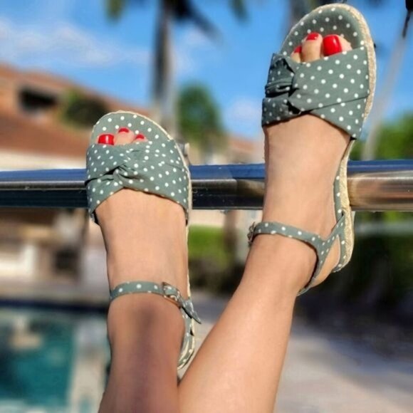 Green Polkadot Espadrille Flat Sandals with Ankle Strap and Buckle Closure - Picture 3 of 4